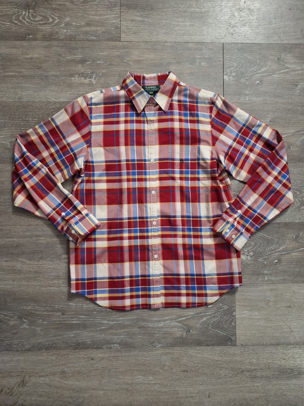 100% SILK Lauren Ralph Lauren Red and Blue Plaid Button-Down Shirt - Petite MD